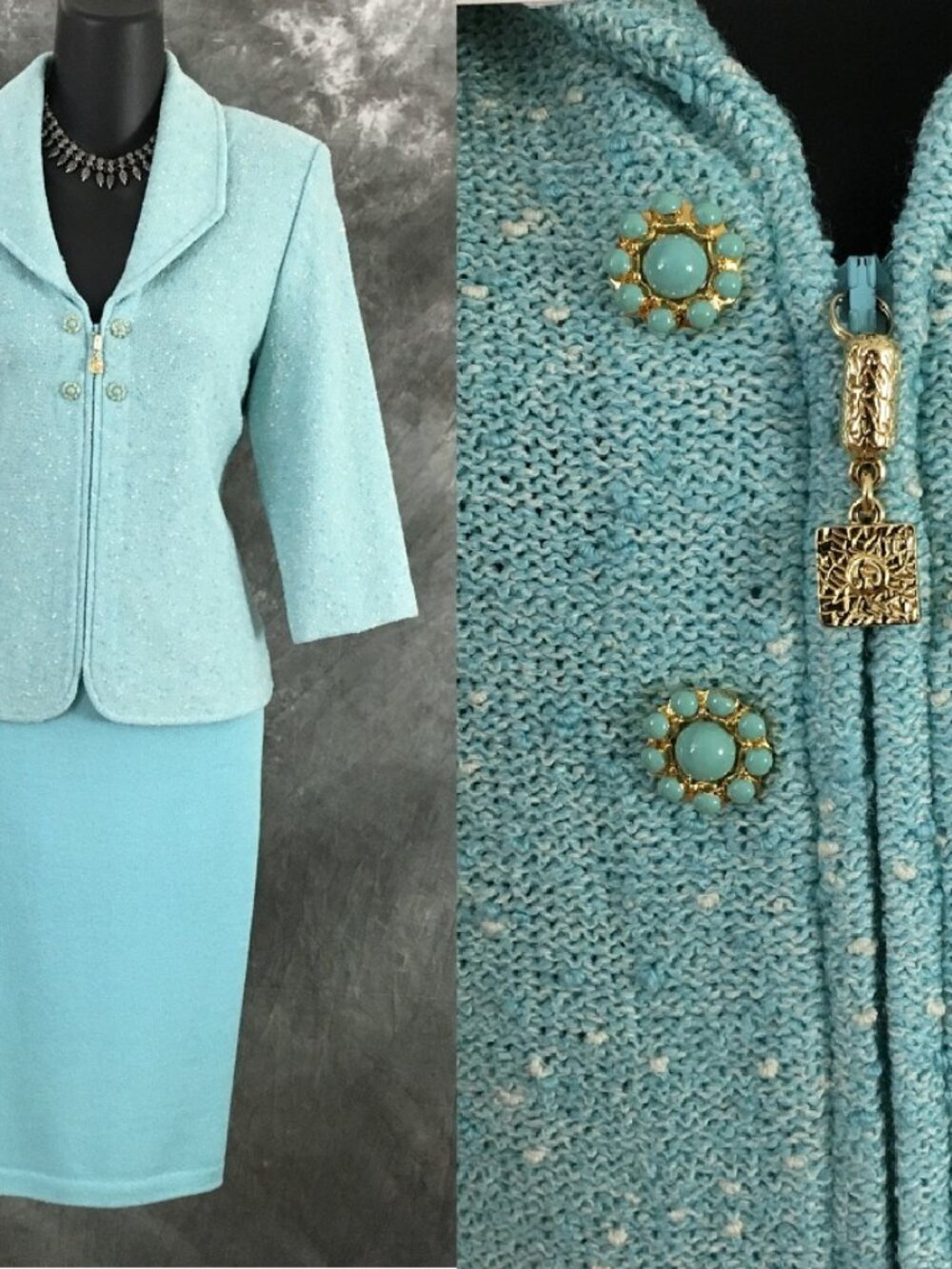 BEAUTIFUL St John collection knit blue multi jacket skirt suit size 2 4